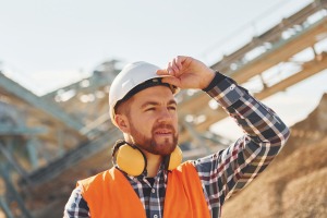 Man wearing a hard hat on site with ear defenders around his neck and a hi-vis over a plaid shirt with a Construction site behind him.